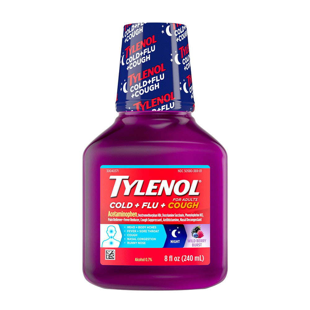 Tylenol Cold, Flu, Cough Wild Berry Burst Liquid, Night Time, 8 Oz